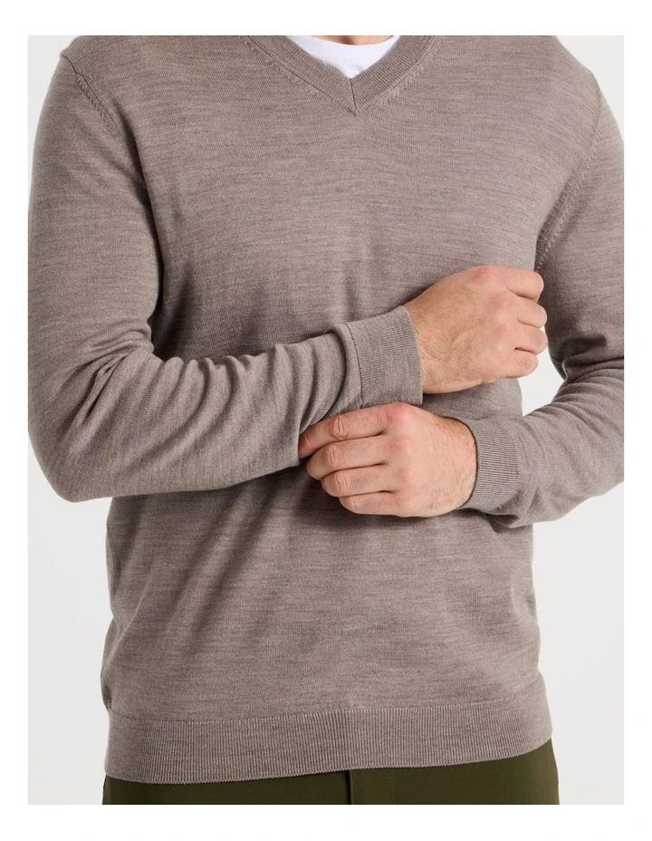 100% Merino Wool V-Neck Knit in Taupe image 2