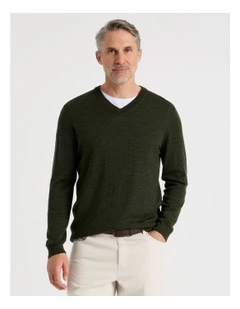 100% Merino Wool V-Neck Knit in Khaki
