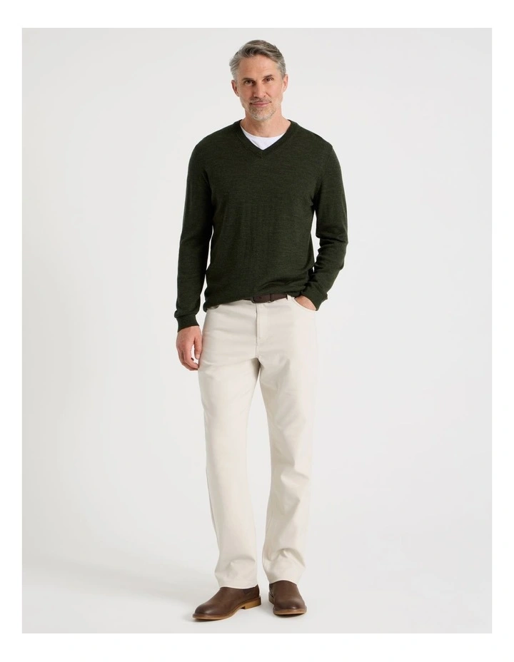 100% Merino Wool V-Neck Knit in Khaki image 3
