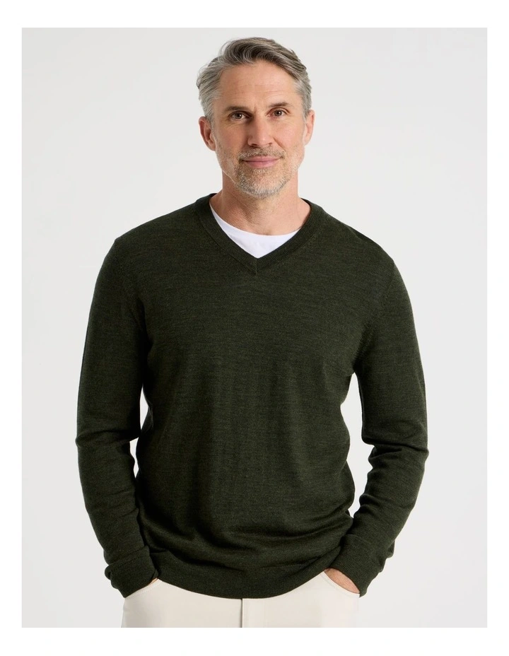 100% Merino Wool V-Neck Knit in Khaki image 4