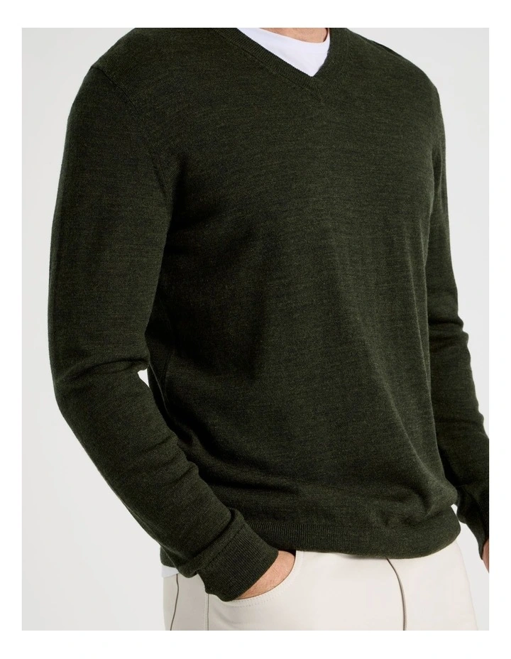 100% Merino Wool V-Neck Knit in Khaki image 5