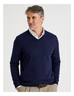100% Merino Wool V-Neck Knit in Navy