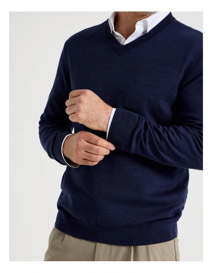 100% Merino Wool V-Neck Knit in Navy image 2