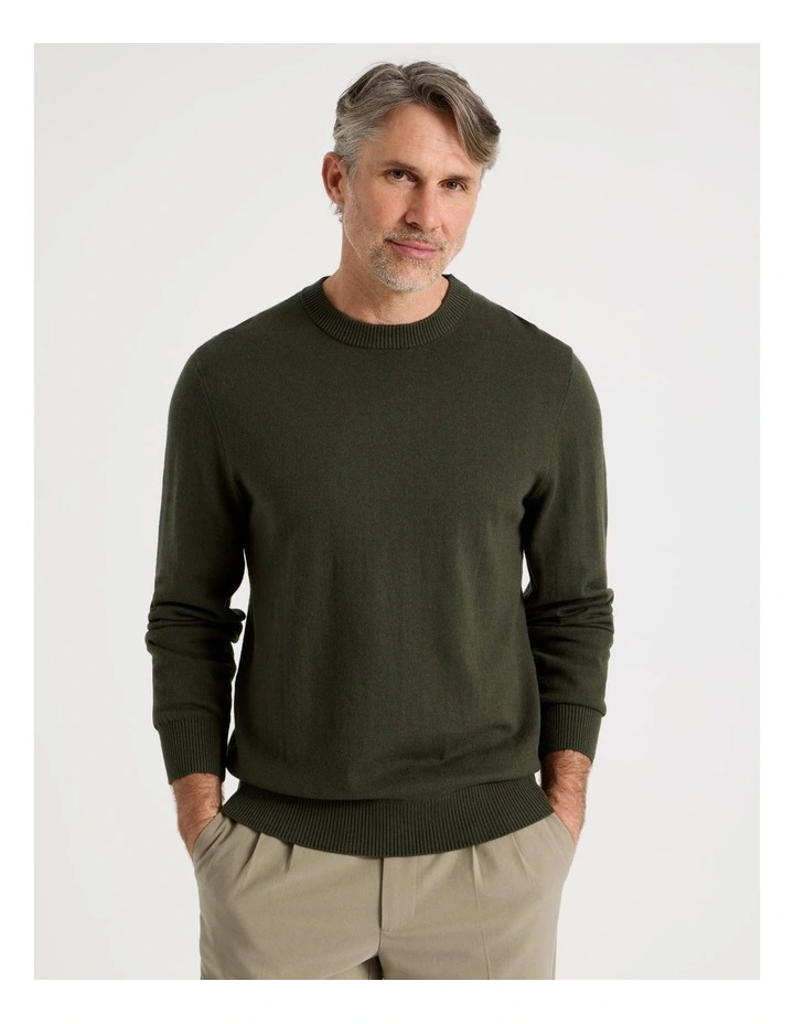 Crew Neck Cotton Cashmere Blend Knit in Khaki image 1
