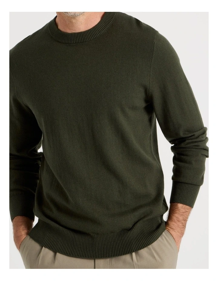Crew Neck Cotton Cashmere Blend Knit in Khaki image 2