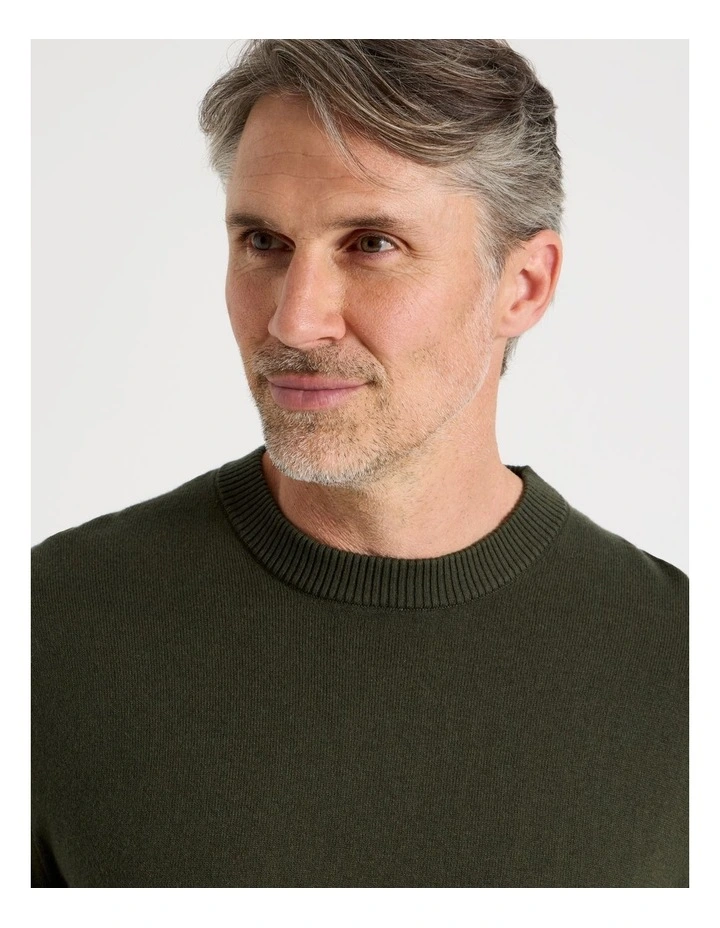 Crew Neck Cotton Cashmere Blend Knit in Khaki image 3