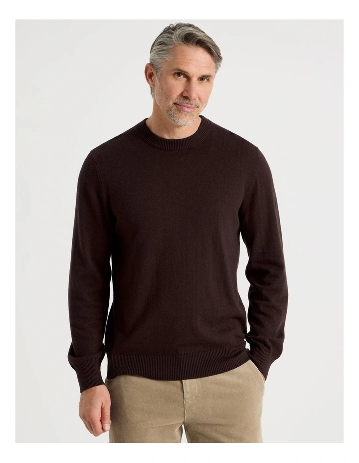 Crew Neck Cotton Cashmere Blend Knit in Brown image 1