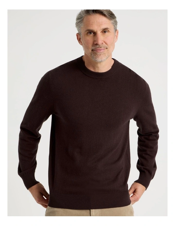 Crew Neck Cotton Cashmere Blend Knit in Brown image 3