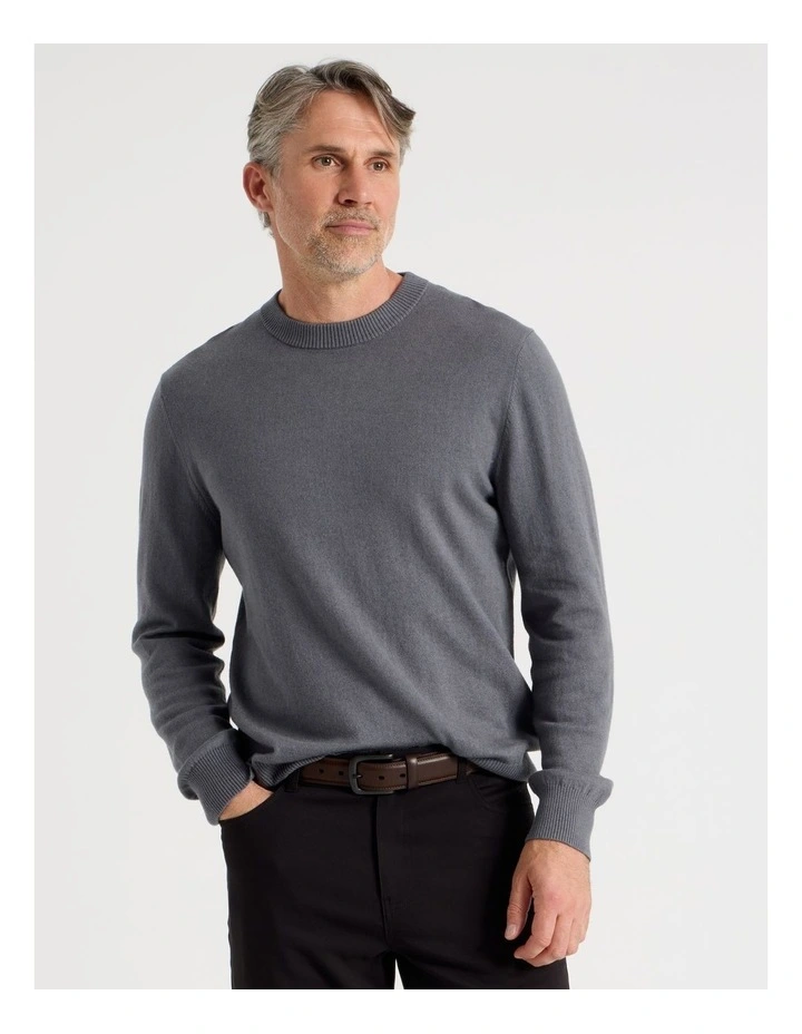 Crew Neck Cotton Cashmere Blend Knit in Grey image 1