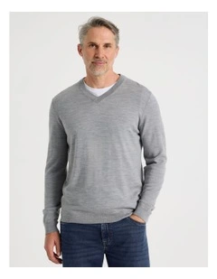 100% Merino Wool V-Neck Knit in Grey
