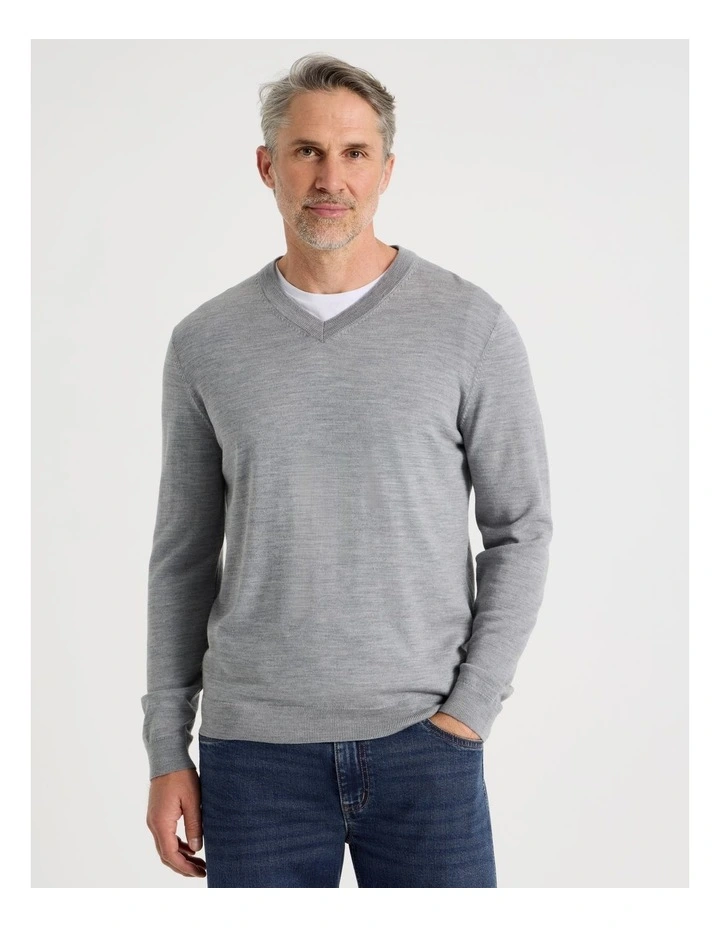 100% Merino Wool V-Neck Knit in Grey image 1
