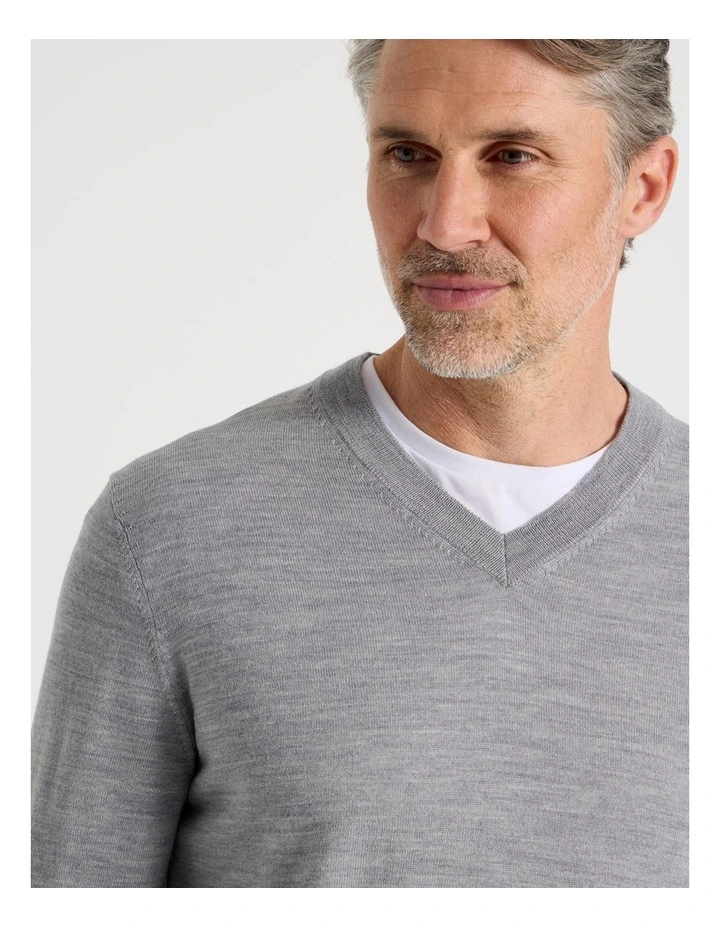 100% Merino Wool V-Neck Knit in Grey image 2