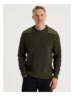 Crew Neck Shoulder Detail Ribbed Knit in Khaki