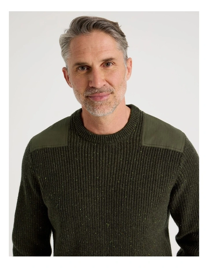 Crew Neck Shoulder Detail Ribbed Knit in Khaki image 5