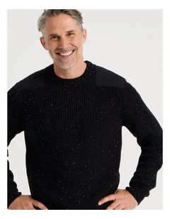 Crew Neck Shoulder Detail Ribbed Knit in Black