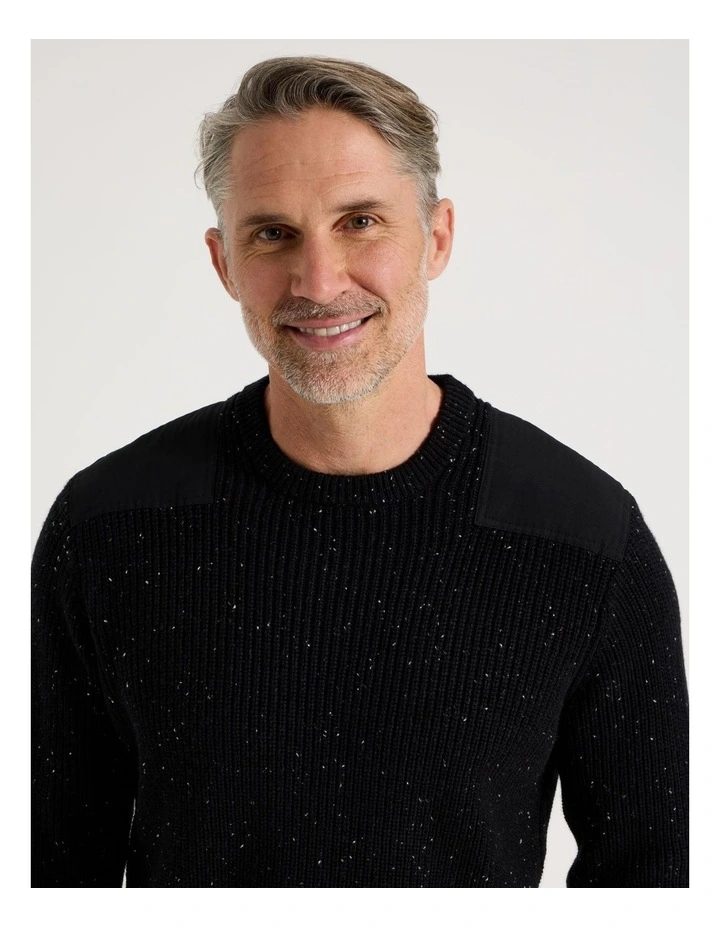 Crew Neck Shoulder Detail Ribbed Knit in Black image 3