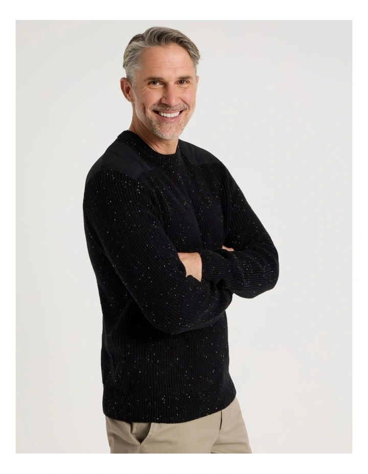 Crew Neck Shoulder Detail Ribbed Knit in Black image 4