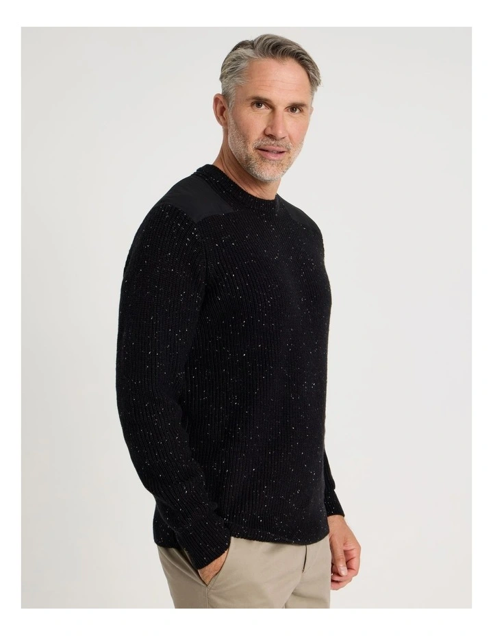 Crew Neck Shoulder Detail Ribbed Knit in Black image 5