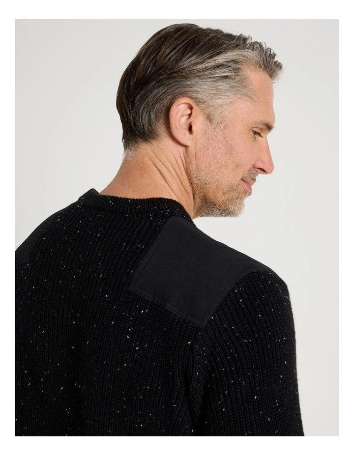 Crew Neck Shoulder Detail Ribbed Knit in Black image 7