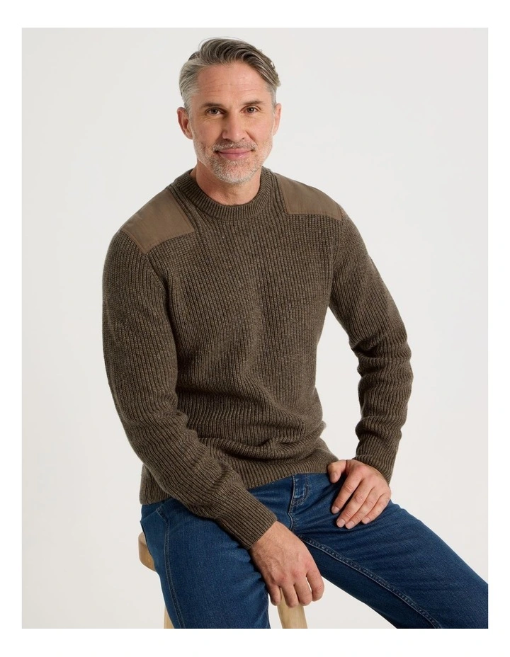 Crew Neck Shoulder Detail Ribbed Knit in Camel image 1