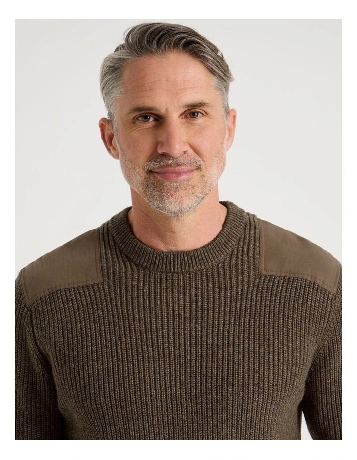 Crew Neck Shoulder Detail Ribbed Knit in Camel image 5