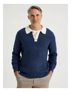 Contrast Collar Knit Polo in Indigo