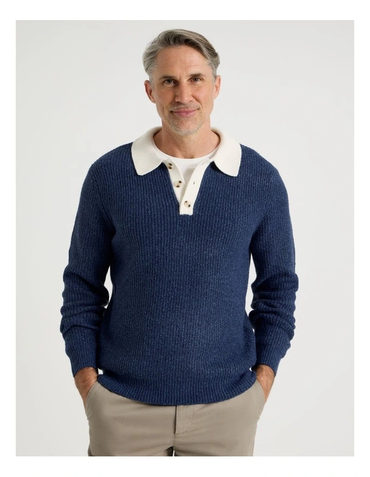 Contrast Collar Knit Polo in Indigo image 1