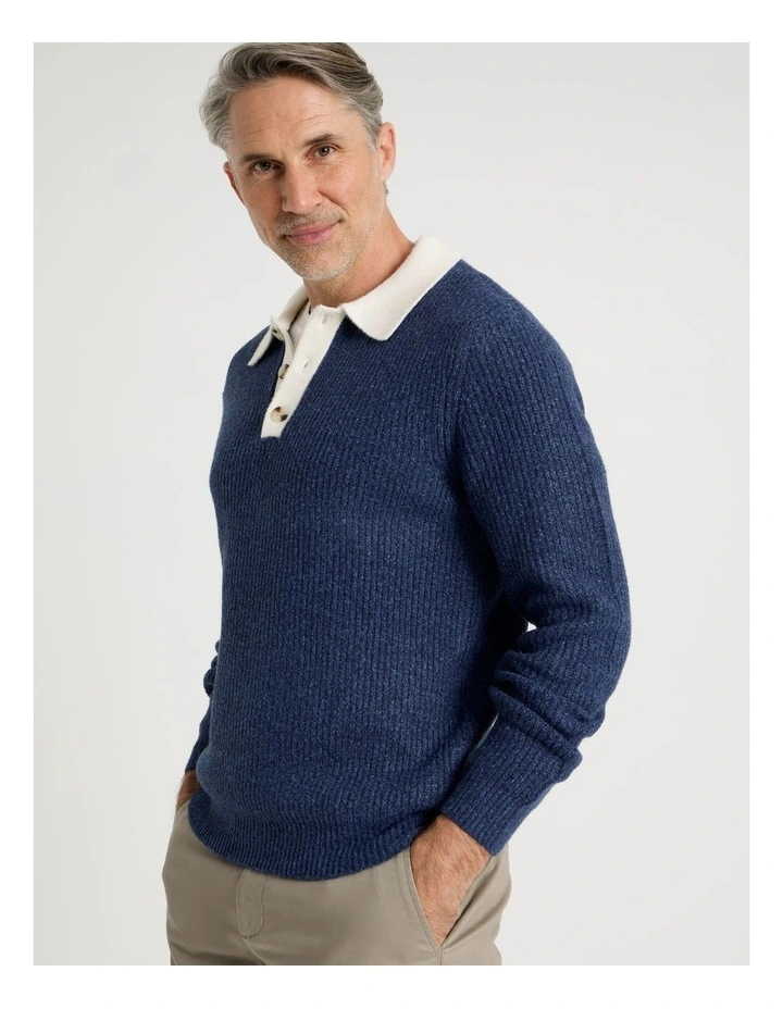 Contrast Collar Knit Polo in Indigo image 2