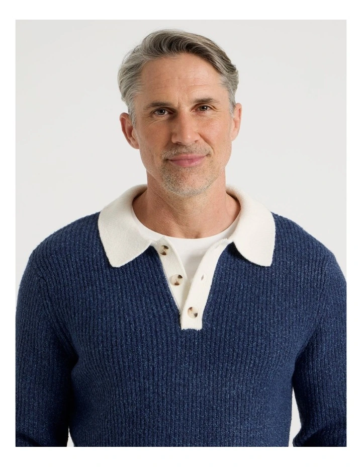 Contrast Collar Knit Polo in Indigo image 4
