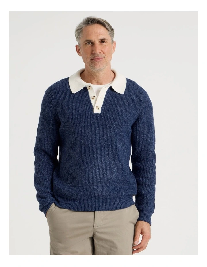 Contrast Collar Knit Polo in Indigo image 5