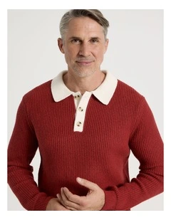 Contrast Collar Knit Polo in Red
