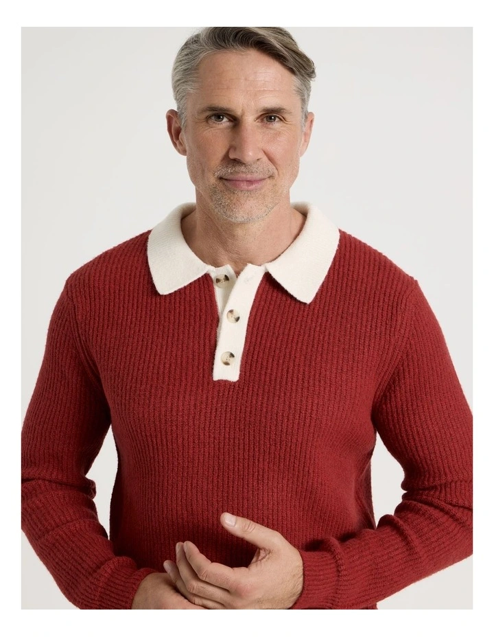 Contrast Collar Knit Polo in Red image 1