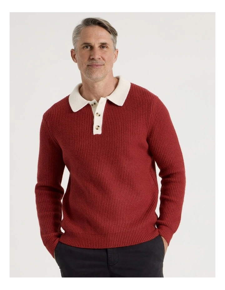 Contrast Collar Knit Polo in Red image 3