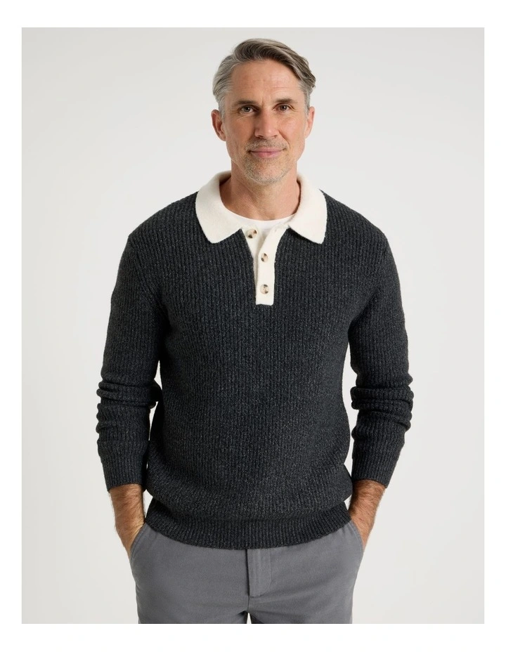 Contrast Collar Knit Polo in Charcoal image 1