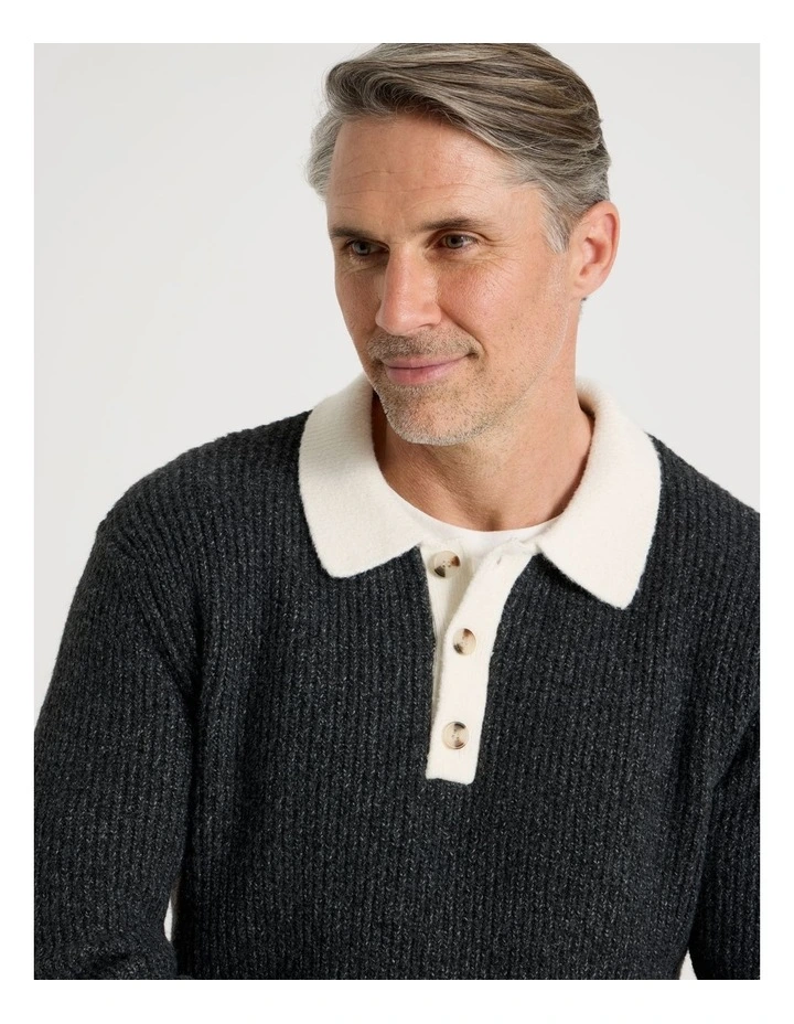 Contrast Collar Knit Polo in Charcoal image 2