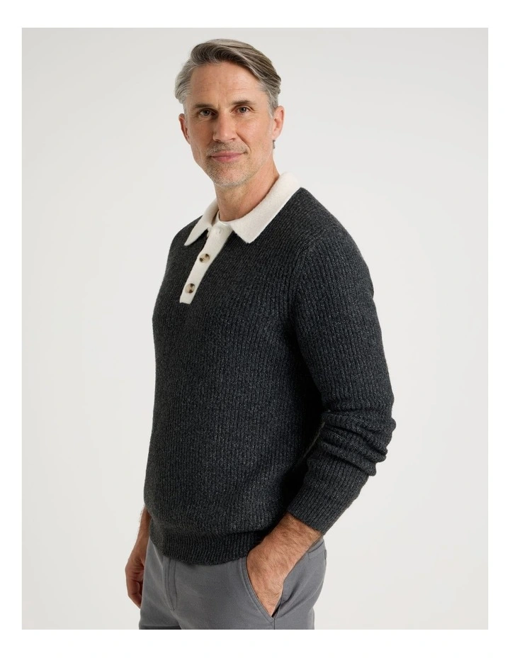 Contrast Collar Knit Polo in Charcoal image 3