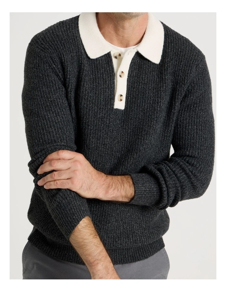 Contrast Collar Knit Polo in Charcoal image 4