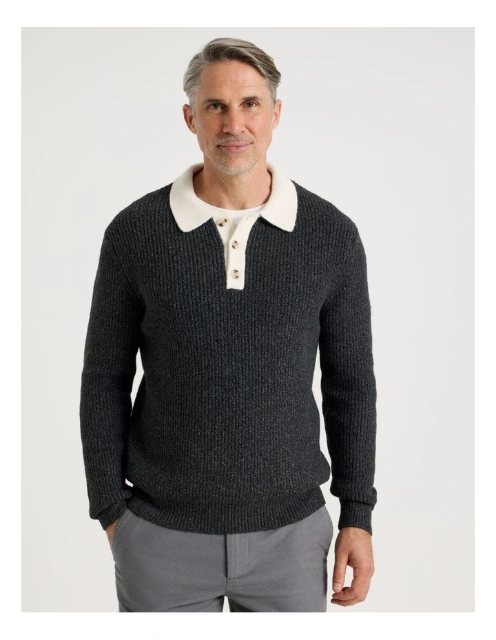 Contrast Collar Knit Polo in Charcoal image 5