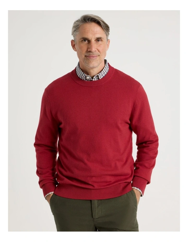 Crew Neck Cotton Cashmere Blend Knit in Red image 1