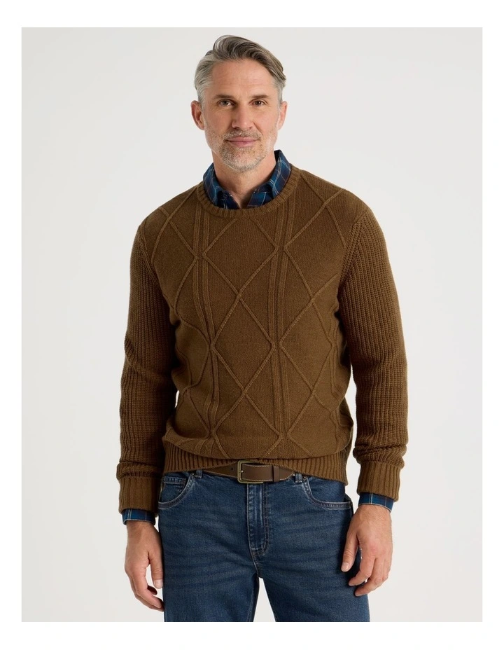 Crew Neck Cable Knit in Camel image 1