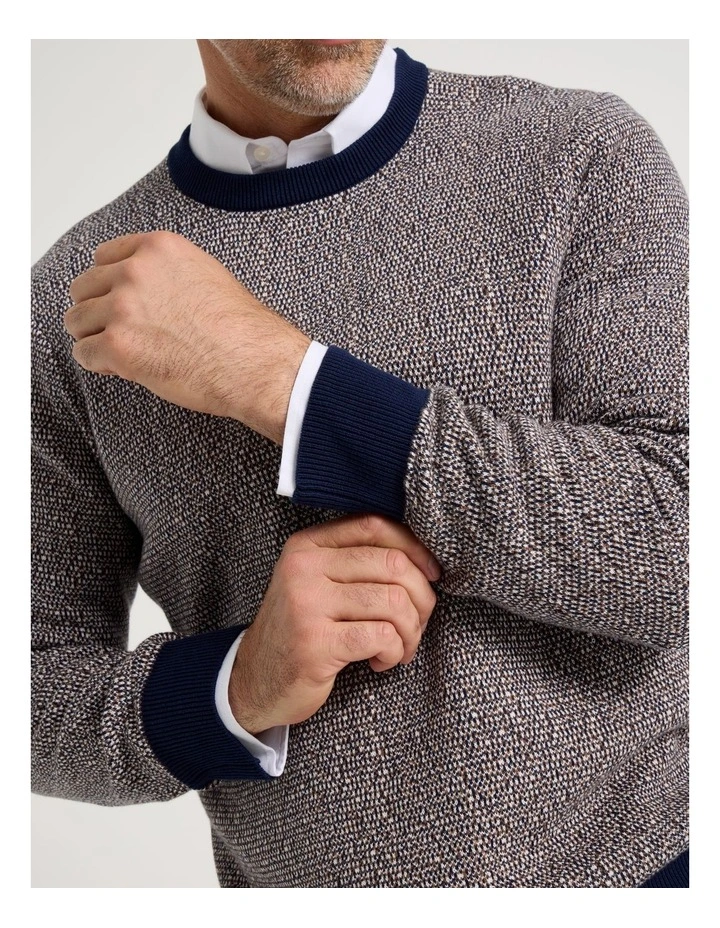 Tricolour Textured Crew Neck Knit in Camel image 2