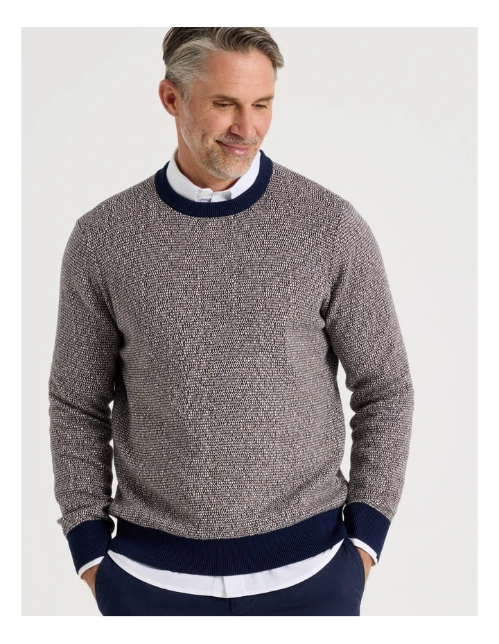 Tricolour Textured Crew Neck Knit in Camel image 4