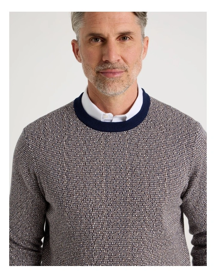 Tricolour Textured Crew Neck Knit in Camel image 5