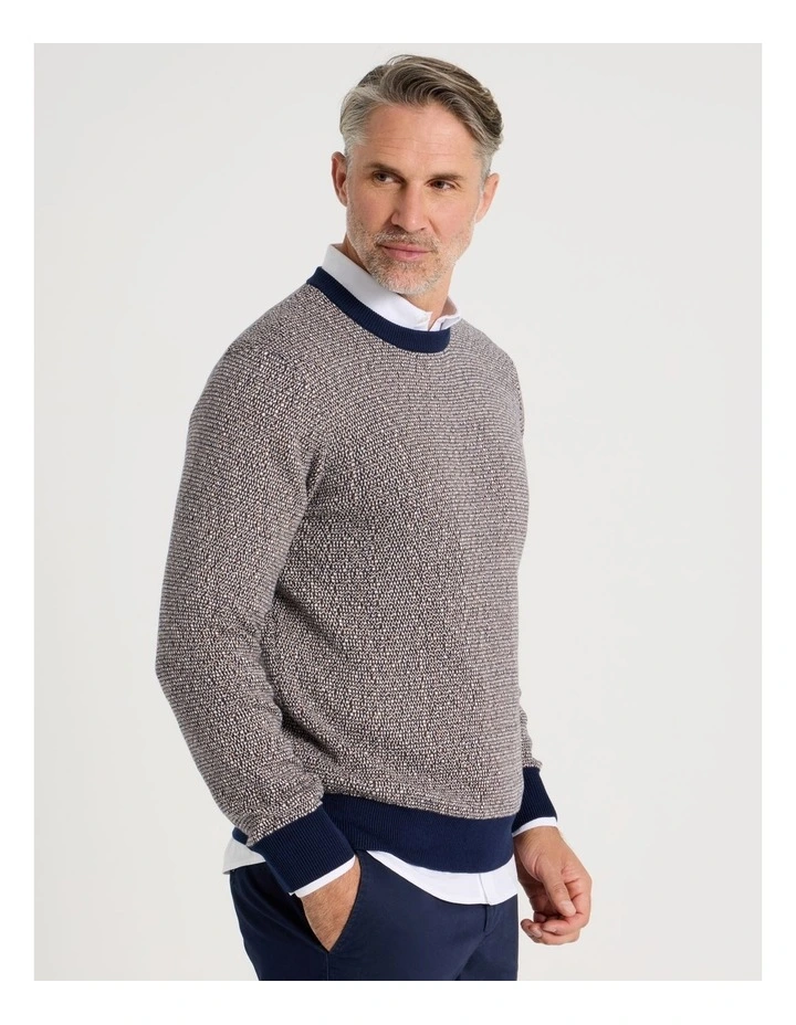 Tricolour Textured Crew Neck Knit in Camel image 7