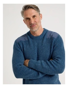 Crew Neck Shoulder Detail Ribbed Knit in Blue