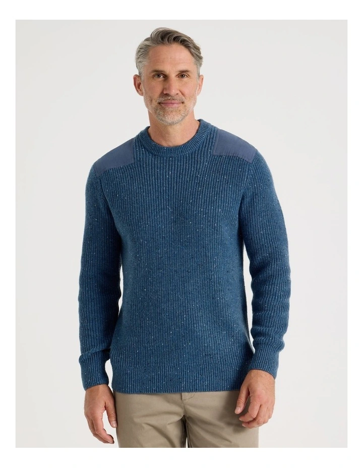 Crew Neck Shoulder Detail Ribbed Knit in Blue image 3