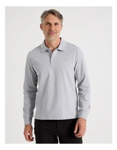 Long Sleeve Pique Polo in Grey