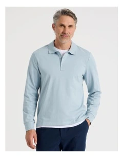 Long Sleeve Pique Polo in Light Blue
