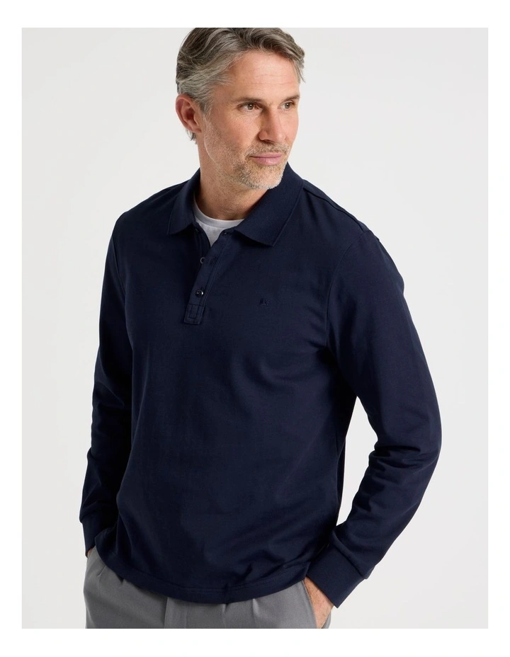 Long Sleeve Pique Polo in Navy image 4