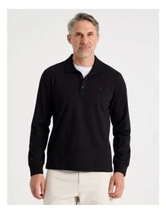 Long Sleeve Pique Polo in Black